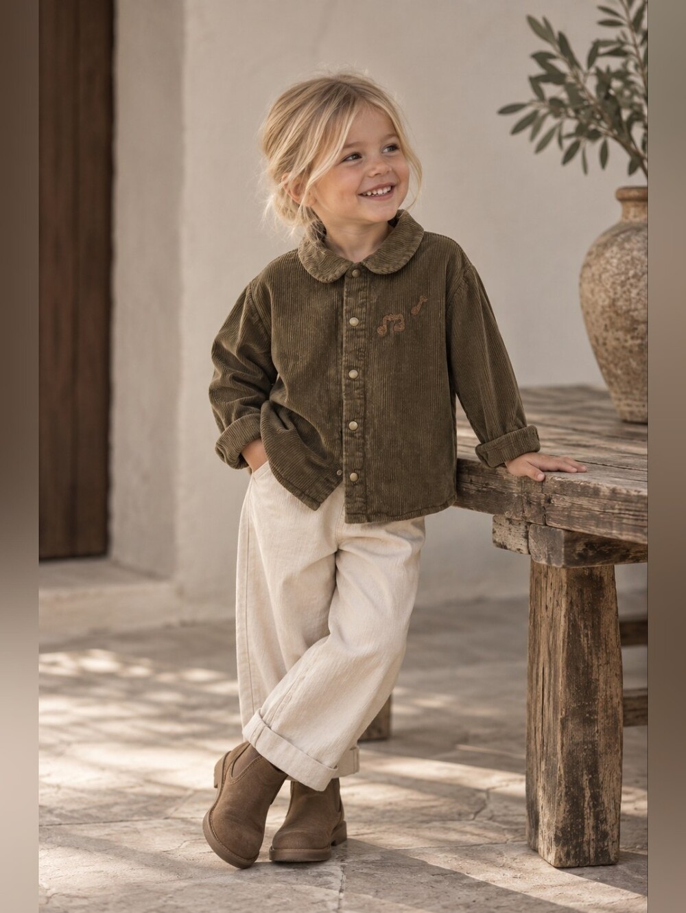 Norsu Organic Kids Corduroy Shirt 2T-3T Olive Green Organic Cotton Embroidered